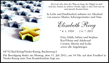 Traueranzeige von Elisabeth Reeg von Odenwälder Echo