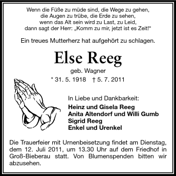 Traueranzeige von Else Reeg von Echo-Zeitungen (Gesamtausgabe)