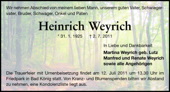 Traueranzeige von Heinrich Weyrich von Odenwälder Echo