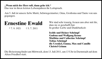 Traueranzeige von Ernestine Ewald von Darmstädter Echo, Odenwälder Echo, Rüsselsheimer Echo, Groß-Gerauer-Echo, Ried Echo