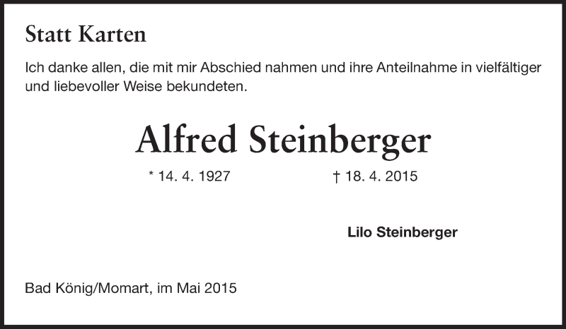  Traueranzeige für Alfred Steinberger vom 20.05.2015 aus Odenwälder Echo