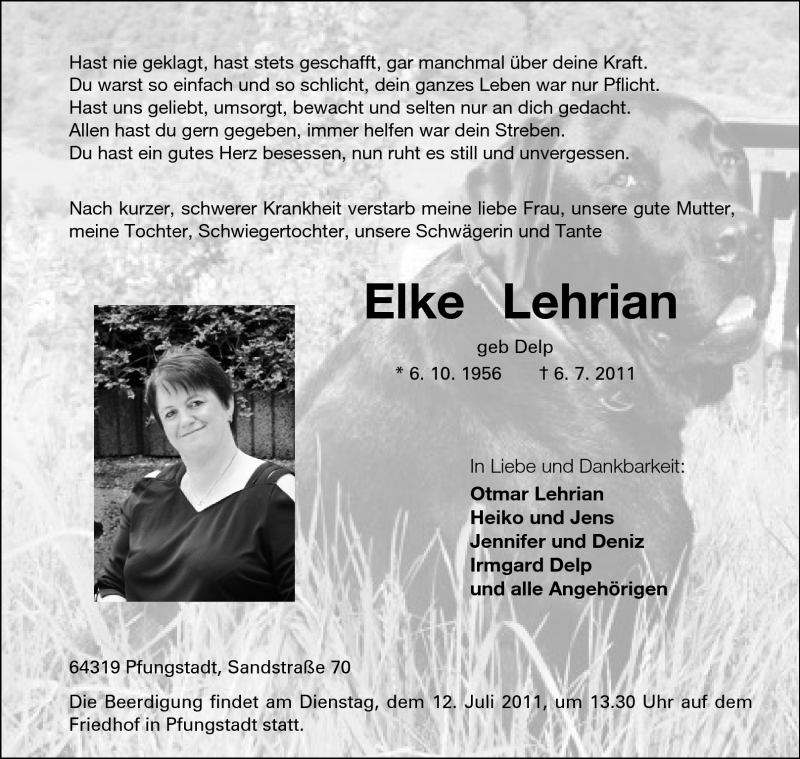  Traueranzeige für Elke Lehrian vom 09.07.2011 aus Echo-Zeitungen (Gesamtausgabe)
