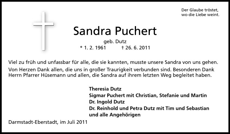  Traueranzeige für Sandra Puchert vom 09.07.2011 aus Echo-Zeitungen (Gesamtausgabe)