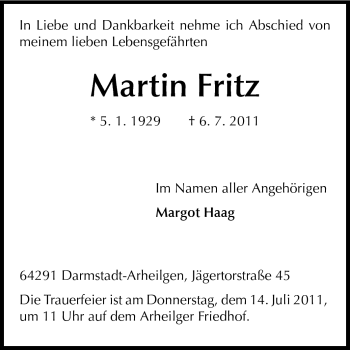 Traueranzeige von Martin Fritz von Echo-Zeitungen (Gesamtausgabe)
