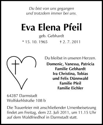 Traueranzeige von Eva Elena Pfeil von Echo-Zeitungen (Gesamtausgabe)