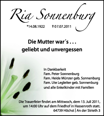 Traueranzeige von Ria Sonnenburg von Echo-Zeitungen (Gesamtausgabe)