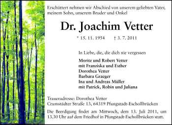 Traueranzeige von Dr. Joachim Vetter von Echo-Zeitungen (Gesamtausgabe)