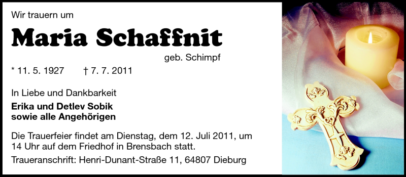  Traueranzeige für Maria Schaffnit vom 09.07.2011 aus Echo-Zeitungen (Gesamtausgabe)