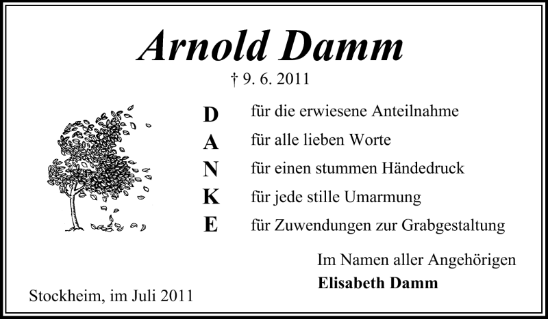  Traueranzeige für Arnold Damm vom 09.07.2011 aus Odenwälder Echo