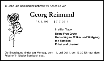 Traueranzeige von Georg Reimund von Echo-Zeitungen (Gesamtausgabe)