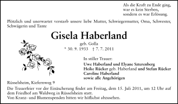 Traueranzeige von Gisela Haberland von Rüsselsheimer Echo, Groß-Gerauer-Echo, Ried Echo