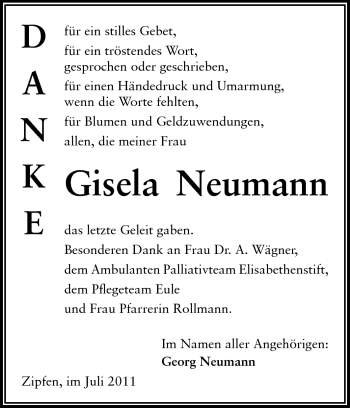 Traueranzeige von Gisela Neumann von Echo-Zeitungen (Gesamtausgabe)