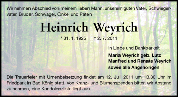 Traueranzeige von Heinrich Weyrich von Odenwälder Echo