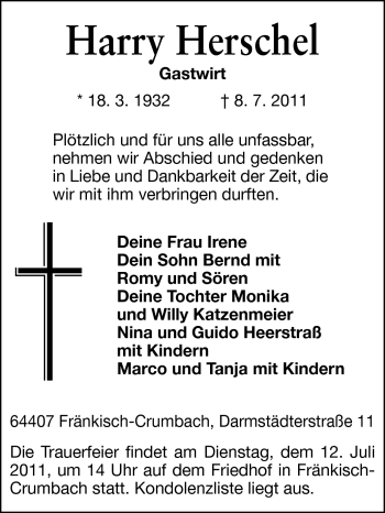 Traueranzeige von Harry Herschel von Odenwälder Echo