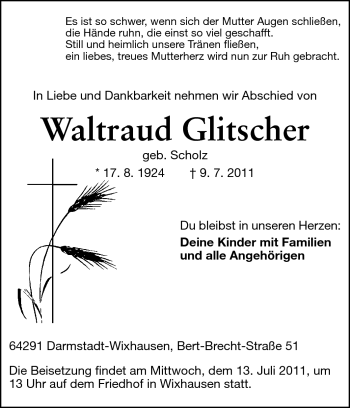 Traueranzeige von Waltraud Glitscher von Echo-Zeitungen (Gesamtausgabe)