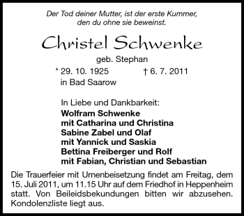 Traueranzeige von Christel Schwenke von Starkenburger Echo