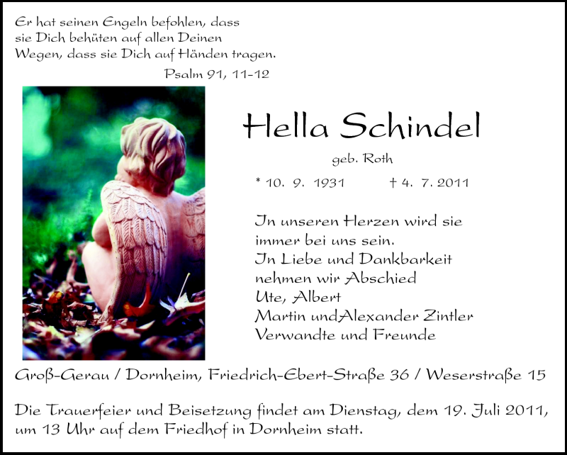  Traueranzeige für Hella Schindel vom 16.07.2011 aus Rüsselsheimer Echo, Groß-Gerauer-Echo, Ried Echo
