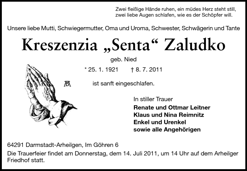  Traueranzeige für Kreszenzia Zaludko vom 12.07.2011 aus Echo-Zeitungen (Gesamtausgabe)