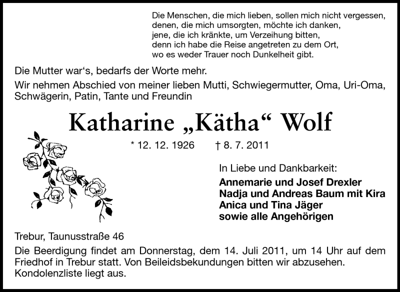  Traueranzeige für Katharine Wolf vom 12.07.2011 aus Rüsselsheimer Echo, Groß-Gerauer-Echo, Ried Echo