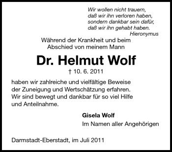Traueranzeige von Helmut Dr. Wolf von Darmstädter Echo, Odenwälder Echo, Rüsselsheimer Echo, Groß-Gerauer-Echo, Ried Echo