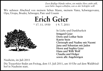 Traueranzeige von Erich Geier von Rüsselsheimer Echo, Groß-Gerauer-Echo, Ried Echo