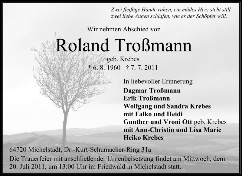  Traueranzeige für Roland Troßmann vom 12.07.2011 aus Odenwälder Echo
