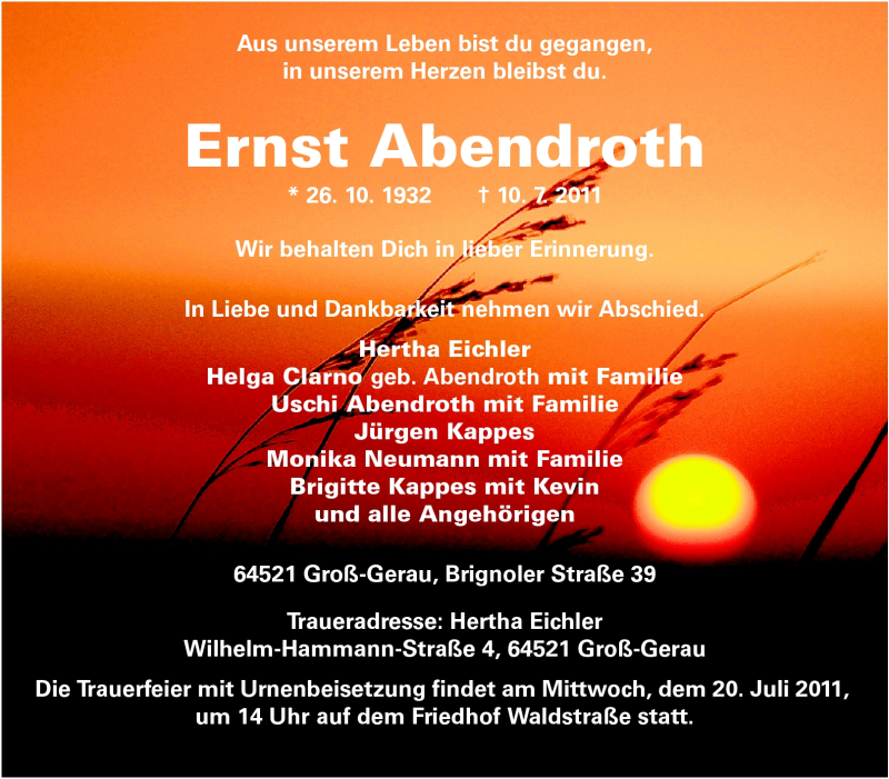  Traueranzeige für Ernst Abendroth vom 16.07.2011 aus Rüsselsheimer Echo, Groß-Gerauer-Echo, Ried Echo