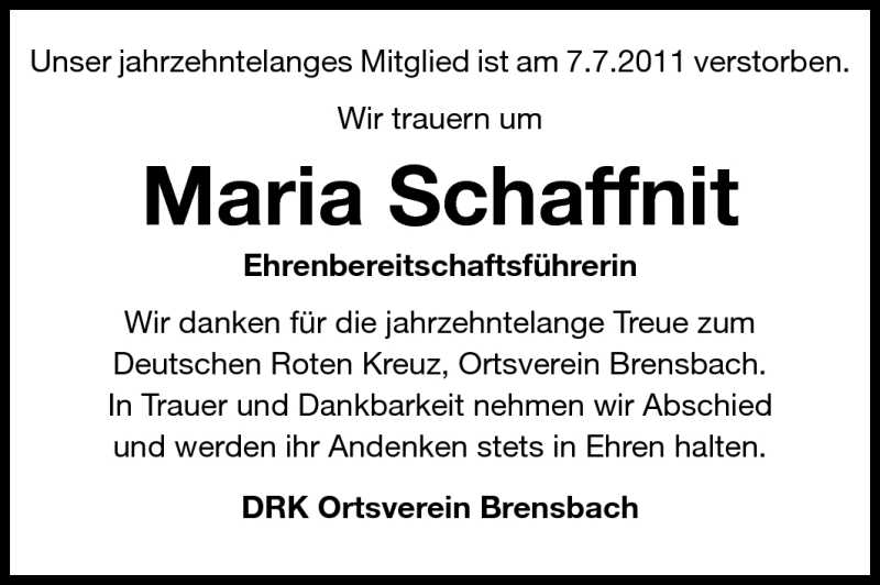  Traueranzeige für Maria Schaffnit vom 12.07.2011 aus Echo-Zeitungen (Gesamtausgabe)