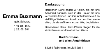 Traueranzeige von Emma Buxmann von Echo-Zeitungen (Gesamtausgabe)