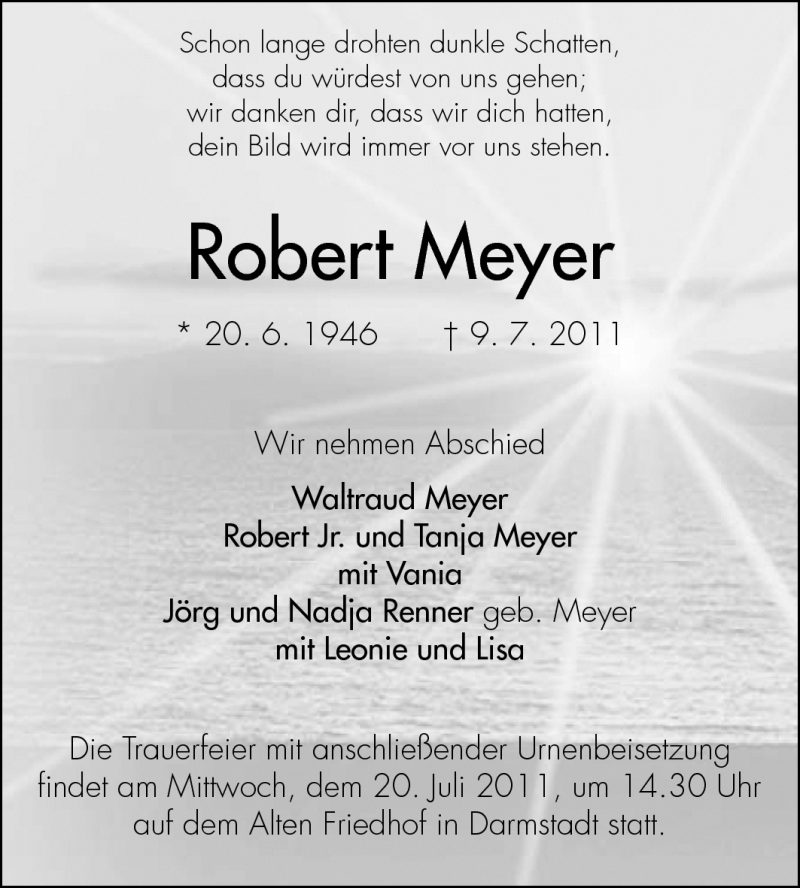  Traueranzeige für Robert Mayer vom 16.07.2011 aus Echo-Zeitungen (Gesamtausgabe)