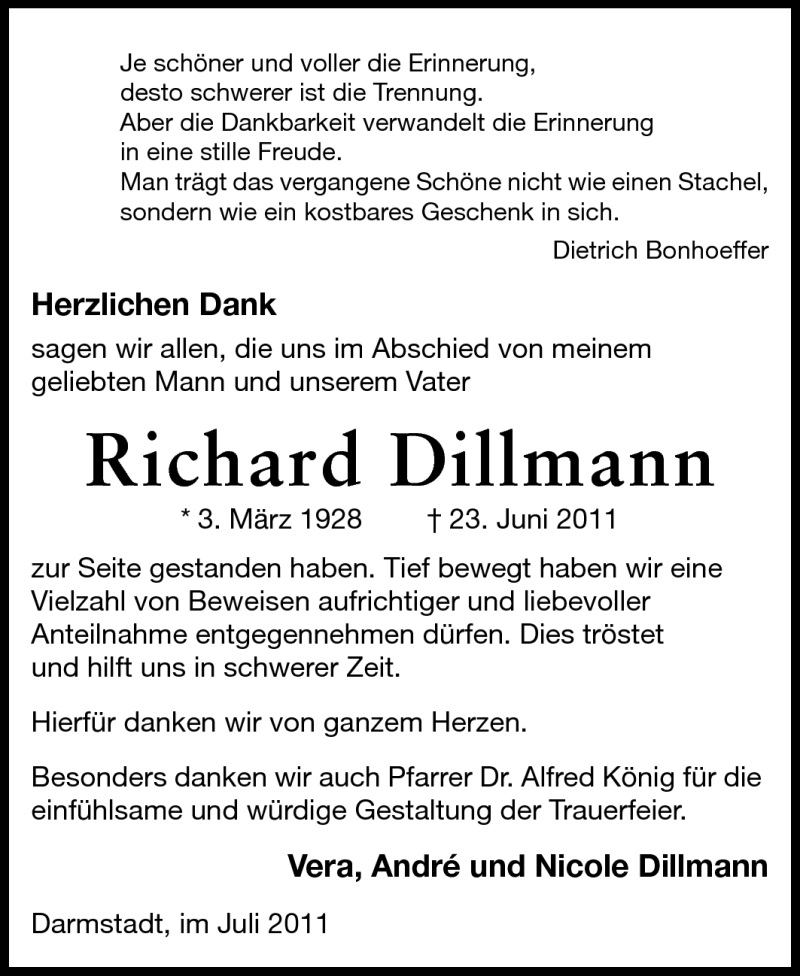  Traueranzeige für Richard Dillmann vom 16.07.2011 aus Darmstädter Echo, Odenwälder Echo, Rüsselsheimer Echo, Groß-Gerauer-Echo, Ried Echo
