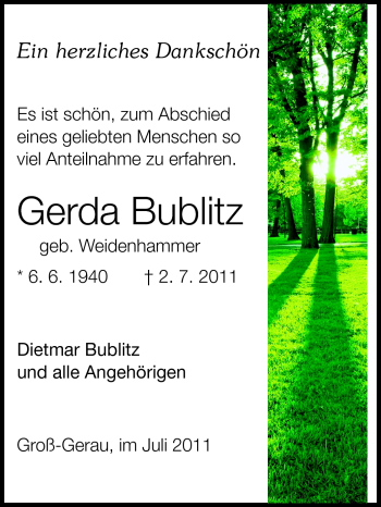 Traueranzeige von Gerda Bublitz von Rüsselsheimer Echo, Groß-Gerauer-Echo, Ried Echo