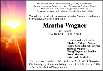 Traueranzeige von Martha Wagner von Echo-Zeitungen (Gesamtausgabe)