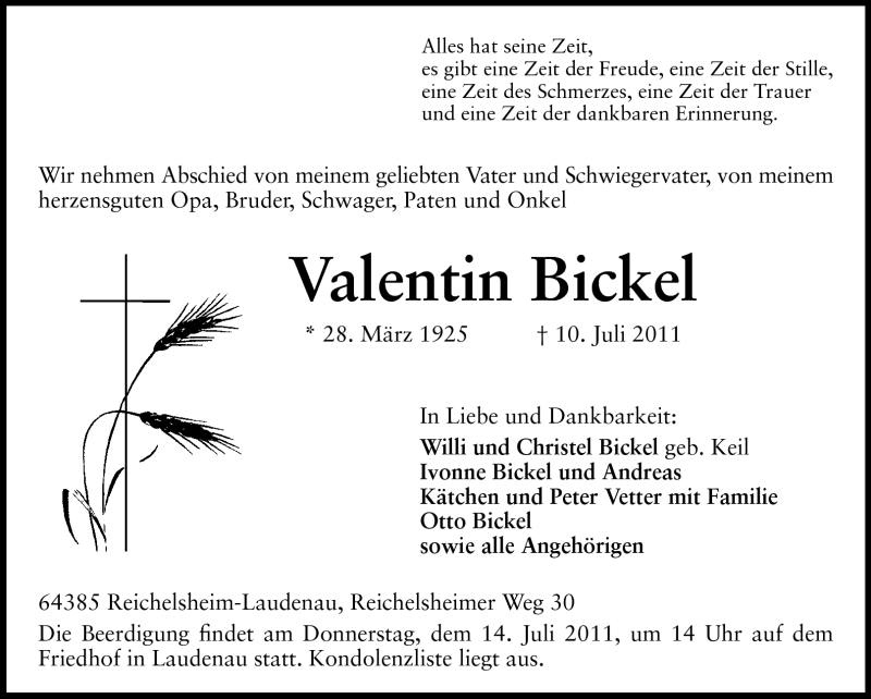  Traueranzeige für Valentin Bickel vom 13.07.2011 aus Odenwälder Echo