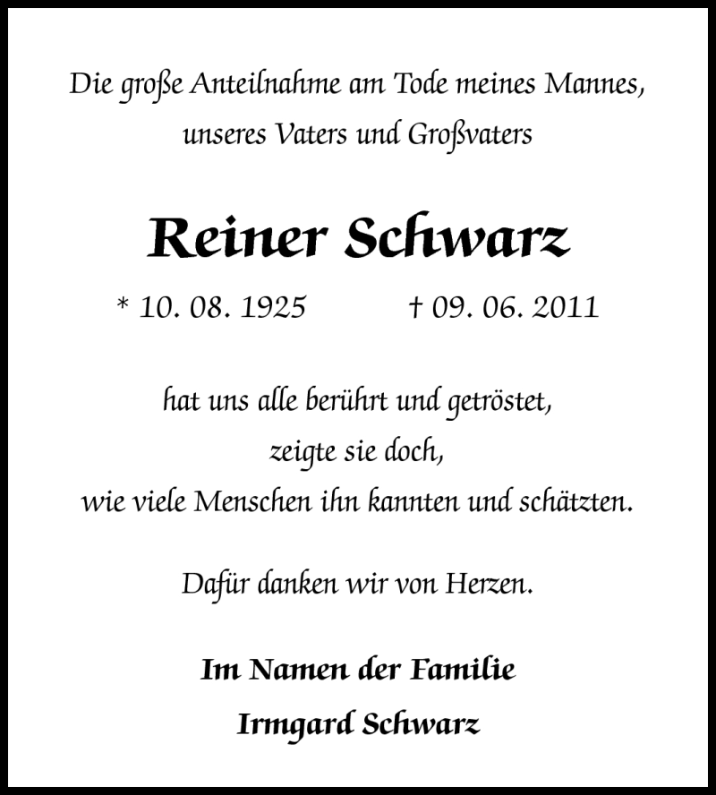  Traueranzeige für Reiner Schwarz vom 16.07.2011 aus Darmstädter Echo, Odenwälder Echo, Rüsselsheimer Echo, Groß-Gerauer-Echo, Ried Echo