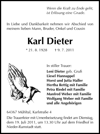 Traueranzeige von Karl Dieter von Echo-Zeitungen (Gesamtausgabe)