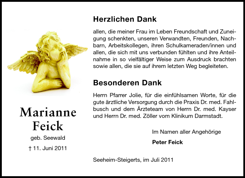  Traueranzeige für Marianne Feick vom 16.07.2011 aus Darmstädter Echo, Odenwälder Echo, Rüsselsheimer Echo, Groß-Gerauer-Echo, Ried Echo