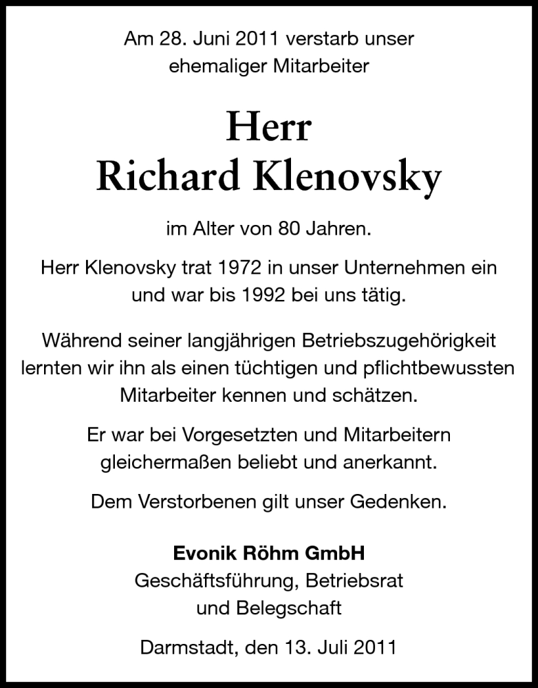  Traueranzeige für Richard Klenovsky vom 13.07.2011 aus Echo-Zeitungen (Gesamtausgabe)