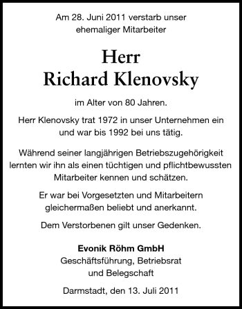 Traueranzeige von Richard Klenovsky von Echo-Zeitungen (Gesamtausgabe)