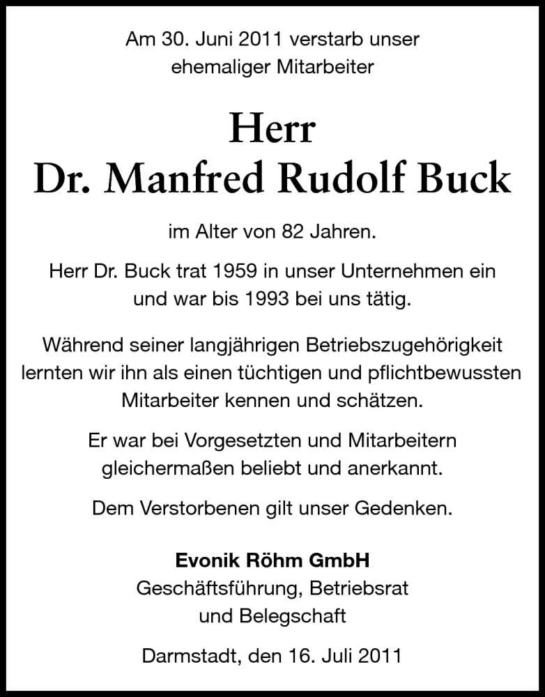  Traueranzeige für Manfred Rudolf Buck vom 16.07.2011 aus Echo-Zeitungen (Gesamtausgabe)