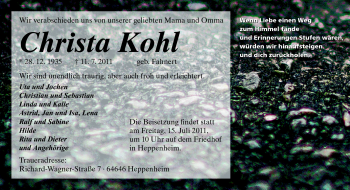 Traueranzeige von Christa Kohl von Starkenburger Echo