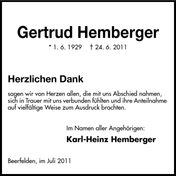 Traueranzeige von Gertrud Hemberger von Odenwälder Echo