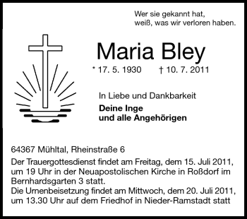 Traueranzeige von Maria Bley von Echo-Zeitungen (Gesamtausgabe)