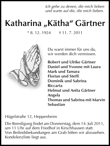 Traueranzeige von Katharina Gärtner von Starkenburger Echo