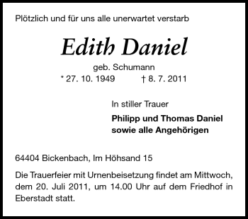 Traueranzeige von Edith Daniel von Echo-Zeitungen (Gesamtausgabe)