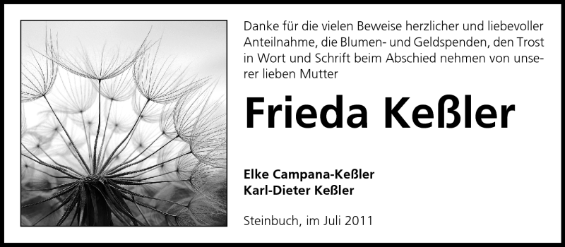  Traueranzeige für Frieda Keßler vom 16.07.2011 aus Odenwälder Echo