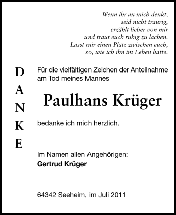 Traueranzeige von Paulhans Krüger von Echo-Zeitungen (Gesamtausgabe)