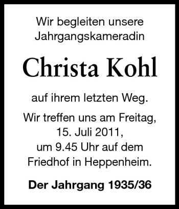 Traueranzeige von Christa Kohl von Starkenburger Echo