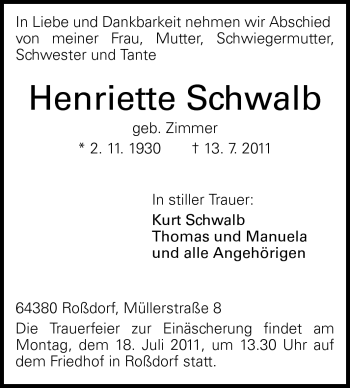 Traueranzeige von Henriette Schwalb von Echo-Zeitungen (Gesamtausgabe)