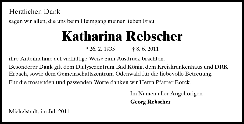  Traueranzeige für Katharina Rebscher vom 16.07.2011 aus Odenwälder Echo